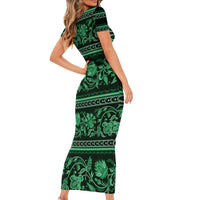 Azerbaijan Family Matching Short Sleeve Bodycon Dress and Hawaiian Shirt Traditional Pattern Ornament With Flowers Buta Green - Wonder Print Shop