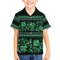 Azerbaijan Kid Hawaiian Shirt Traditional Pattern Ornament With Flowers Buta Green - Wonder Print Shop
