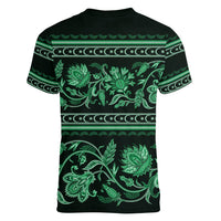Azerbaijan Women V Neck T Shirt Traditional Pattern Ornament With Flowers Buta Green - Wonder Print Shop