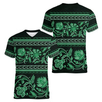 Azerbaijan Women V Neck T Shirt Traditional Pattern Ornament With Flowers Buta Green - Wonder Print Shop