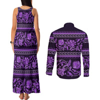 Azerbaijan Couples Matching Tank Maxi Dress and Long Sleeve Button Shirts Traditional Pattern Ornament With Flowers Buta Violet LT9 - Wonder Print Shop