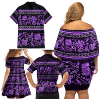 Azerbaijan Family Matching Off Shoulder Short Dress and Hawaiian Shirt Traditional Pattern Ornament With Flowers Buta Violet LT9 - Wonder Print Shop