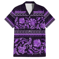 Violet tropical Hawaiian shirt with purple floral and buta ornament, short-sleeve button up