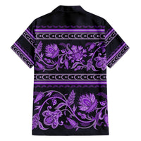 Violet tropical Hawaiian shirt back with purple floral buta ornament and decorative stripe bands