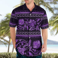 Violet tropical Hawaiian shirt with purple floral buta ornament, open camp collar, buttons