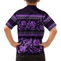 Kids' violet tropical Hawaiian shirt back with purple floral buta ornament and striped bands