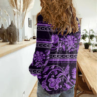 Azerbaijan Women Casual Shirt Traditional Pattern Ornament With Flowers Buta Violet - Wonder Print Shop