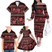 Azerbaijan Family Matching Off Shoulder Long Sleeve Dress and Hawaiian Shirt Traditional Pattern Ornament With Flowers Buta Red - Wonder Print Shop