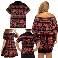 Azerbaijan Family Matching Off Shoulder Short Dress and Hawaiian Shirt Traditional Pattern Ornament With Flowers Buta Red LT9 - Wonder Print Shop