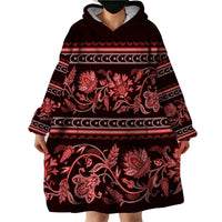 Azerbaijan Wearable Blanket Hoodie Traditional Pattern Ornament With Flowers Buta Red - Wonder Print Shop