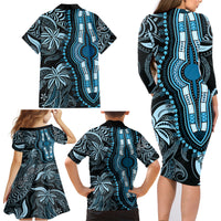 Polynesia Dashiki Family Matching Long Sleeve Bodycon Dress and Hawaiian Shirt Polynesia and Africa Traditional Special Together Blue LT9 - Wonder Print Shop