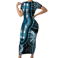 Polynesia Dashiki Short Sleeve Bodycon Dress Polynesia and Africa Traditional Special Together Blue - Wonder Print Shop