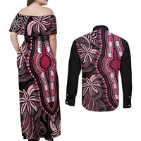 Polynesia Dashiki Couples Matching Off Shoulder Maxi Dress and Long Sleeve Button Shirts Polynesia and Africa Traditional Special Together Pink LT9 - Wonder Print Shop