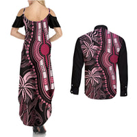 Polynesia Dashiki Couples Matching Summer Maxi Dress and Long Sleeve Button Shirts Polynesia and Africa Traditional Special Together Pink LT9 - Wonder Print Shop