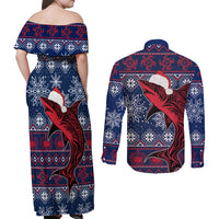 Samoa Manuia Le Kirisimasi Couples Matching Off Shoulder Maxi Dress and Long Sleeve Button Shirts Samoan Fishing Tribal Pattern Christmas Vibe LT9 - Wonder Print Shop