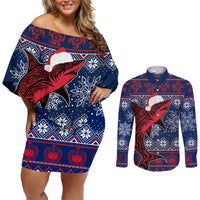 Samoa Manuia Le Kirisimasi Couples Matching Off Shoulder Short Dress and Long Sleeve Button Shirts Samoan Fishing Tribal Pattern Christmas Vibe LT9 - Wonder Print Shop