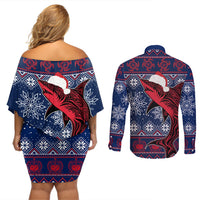 Samoa Manuia Le Kirisimasi Couples Matching Off Shoulder Short Dress and Long Sleeve Button Shirts Samoan Fishing Tribal Pattern Christmas Vibe LT9 - Wonder Print Shop