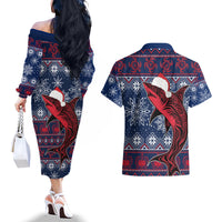 Samoa Manuia Le Kirisimasi Couples Matching Off The Shoulder Long Sleeve Dress and Hawaiian Shirt Samoan Fishing Tribal Pattern Christmas Vibe LT9 - Wonder Print Shop