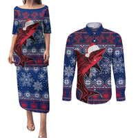 Samoa Manuia Le Kirisimasi Couples Matching Puletasi Dress and Long Sleeve Button Shirts Samoan Fishing Tribal Pattern Christmas Vibe LT9 - Wonder Print Shop