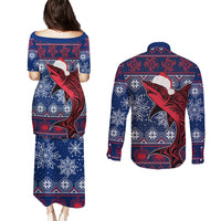 Samoa Manuia Le Kirisimasi Couples Matching Puletasi Dress and Long Sleeve Button Shirts Samoan Fishing Tribal Pattern Christmas Vibe LT9 - Wonder Print Shop