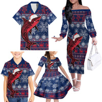 Samoa Manuia Le Kirisimasi Family Matching Off Shoulder Long Sleeve Dress and Hawaiian Shirt Samoan Fishing Tribal Pattern Christmas Vibe - Wonder Print Shop