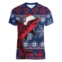 Samoa Manuia Le Kirisimasi Women V Neck T Shirt Samoan Fishing Tribal Pattern Christmas Vibe - Wonder Print Shop