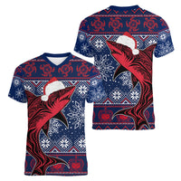 Samoa Manuia Le Kirisimasi Women V Neck T Shirt Samoan Fishing Tribal Pattern Christmas Vibe - Wonder Print Shop