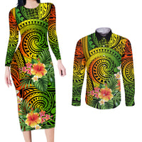 Polynesia Couples Matching Long Sleeve Bodycon Dress and Long Sleeve Button Shirt Pasifika Tribal with Tropical Flowers LT9 - Wonder Print Shop