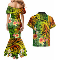 Polynesia Couples Matching Mermaid Dress and Hawaiian Shirt Pasifika Tribal with Tropical Flowers LT9 - Wonder Print Shop