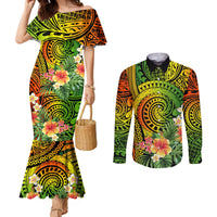 polynesia-couples-matching-mermaid-dress-and-long-sleeve-button-shirt-pasifika-tribal-with-tropical-flowers