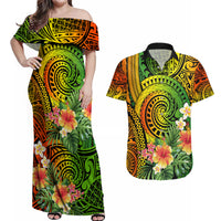 Polynesia Couples Matching Off Shoulder Maxi Dress and Hawaiian Shirt Pasifika Tribal with Tropical Flowers LT9 - Wonder Print Shop