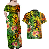 Polynesia Couples Matching Off Shoulder Maxi Dress and Hawaiian Shirt Pasifika Tribal with Tropical Flowers LT9 - Wonder Print Shop