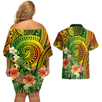 Polynesia Couples Matching Off Shoulder Short Dress and Hawaiian Shirt Pasifika Tribal with Tropical Flowers LT9 - Wonder Print Shop