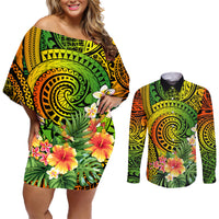 Polynesia Couples Matching Off Shoulder Short Dress and Long Sleeve Button Shirt Pasifika Tribal with Tropical Flowers LT9 - Wonder Print Shop