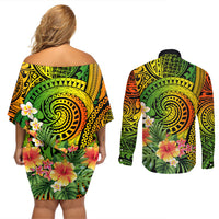 Polynesia Couples Matching Off Shoulder Short Dress and Long Sleeve Button Shirt Pasifika Tribal with Tropical Flowers LT9 - Wonder Print Shop