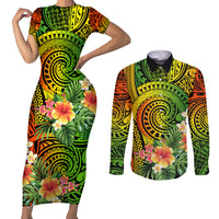 Polynesia Couples Matching Short Sleeve Bodycon Dress and Long Sleeve Button Shirt Pasifika Tribal with Tropical Flowers LT9 - Wonder Print Shop
