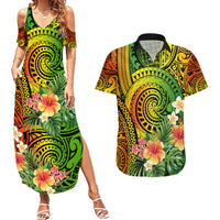 Polynesia Couples Matching Summer Maxi Dress and Hawaiian Shirt Pasifika Tribal with Tropical Flowers LT9 - Wonder Print Shop