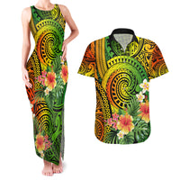 Polynesia Couples Matching Tank Maxi Dress and Hawaiian Shirt Pasifika Tribal with Tropical Flowers LT9 - Wonder Print Shop