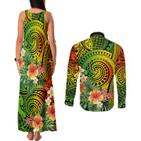 Polynesia Couples Matching Tank Maxi Dress and Long Sleeve Button Shirt Pasifika Tribal with Tropical Flowers LT9 - Wonder Print Shop