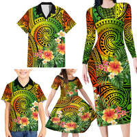 Polynesia Family Matching Long Sleeve Bodycon Dress and Hawaiian Shirt Pasifika Tribal with Tropical Flowers LT9 - Wonder Print Shop
