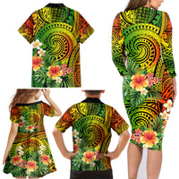 Polynesia Family Matching Long Sleeve Bodycon Dress and Hawaiian Shirt Pasifika Tribal with Tropical Flowers LT9 - Wonder Print Shop