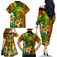 Polynesia Family Matching Off Shoulder Long Sleeve Dress and Hawaiian Shirt Pasifika Tribal with Tropical Flowers - Wonder Print Shop