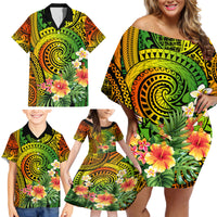 Polynesia Family Matching Off Shoulder Short Dress and Hawaiian Shirt Pasifika Tribal with Tropical Flowers LT9 - Wonder Print Shop