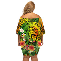 Polynesia Family Matching Off Shoulder Short Dress and Hawaiian Shirt Pasifika Tribal with Tropical Flowers LT9 - Wonder Print Shop