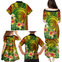 Polynesia Family Matching Puletasi Dress and Hawaiian Shirt Pasifika Tribal with Tropical Flowers - Wonder Print Shop
