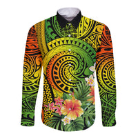 Polynesia Long Sleeve Button Shirt Pasifika Tribal with Tropical Flowers - Wonder Print Shop