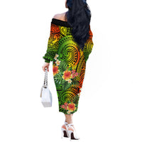 Polynesia Off The Shoulder Long Sleeve Dress Pasifika Tribal with Tropical Flowers - Wonder Print Shop