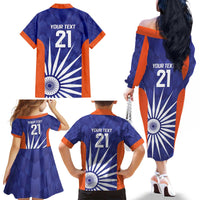 India Cricket Custom Family Matching Off The Shoulder Long Sleeve Dress and Hawaiian Shirt Ashoka Chakra with Flag Style - Wonder Print Shop