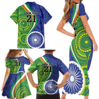 India Vs Australian Cricket Custom Family Matching Short Sleeve Bodycon Dress and Hawaiian Shirt Ashoka Chakra and Aboriginal Together - Wonder Print Shop