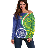 India Vs Australian Cricket Custom Off Shoulder Sweater Ashoka Chakra and Aboriginal Together - Wonder Print Shop
